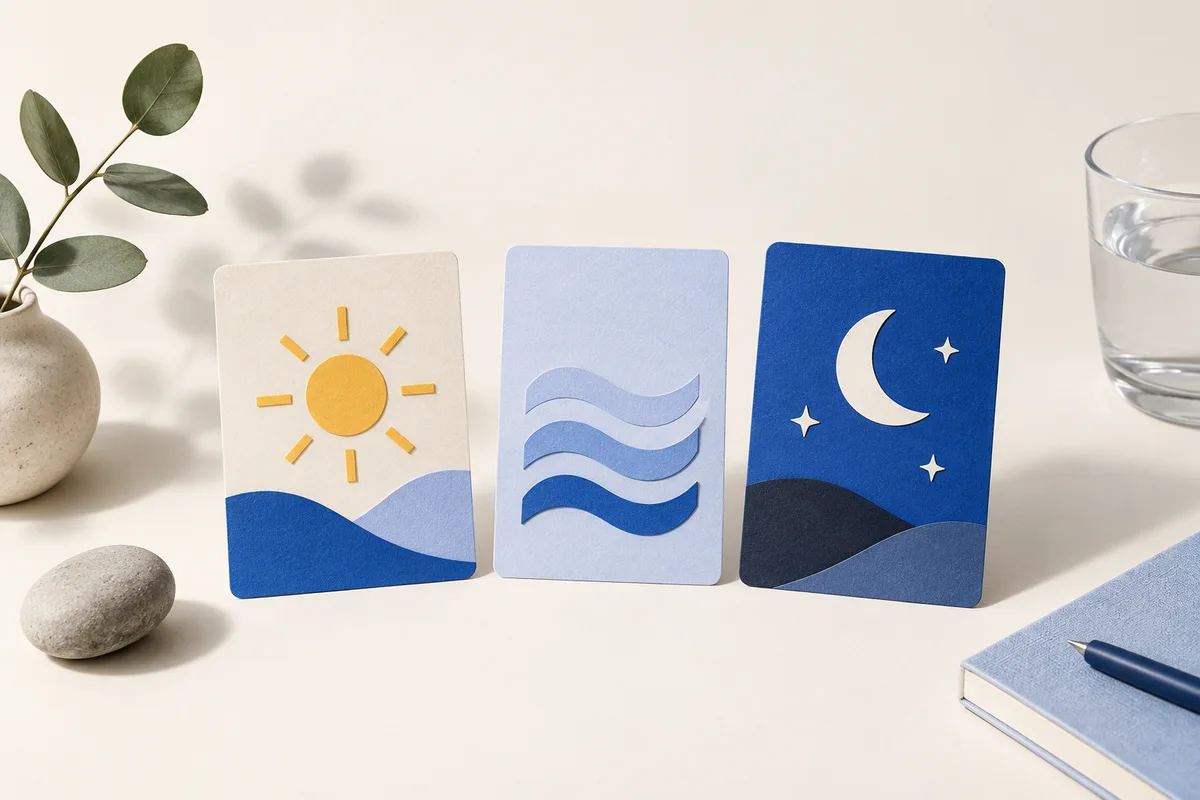 Three record cards with sun, wave, and moon motifs.