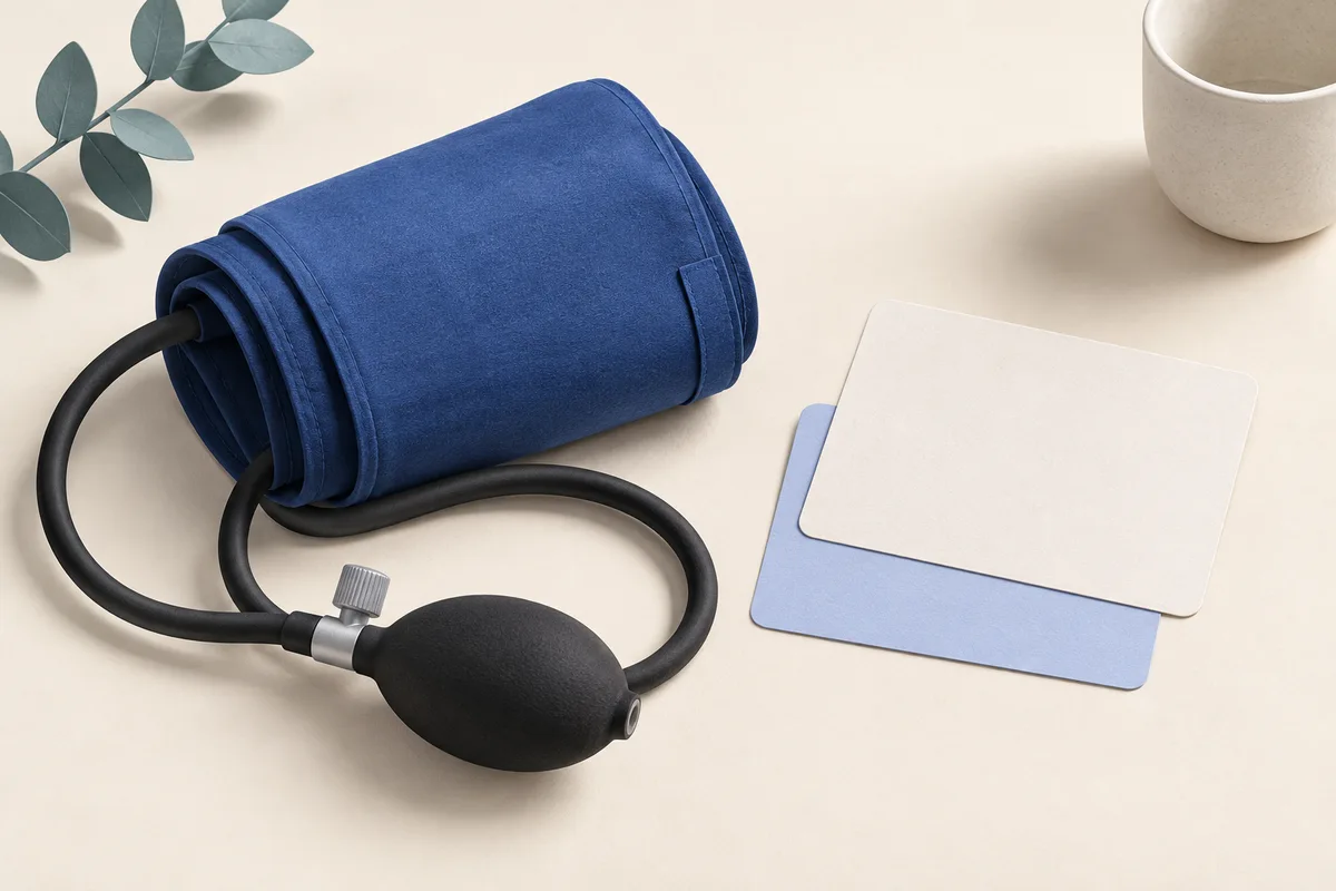 Upper-arm cuff beside two blank record cards.