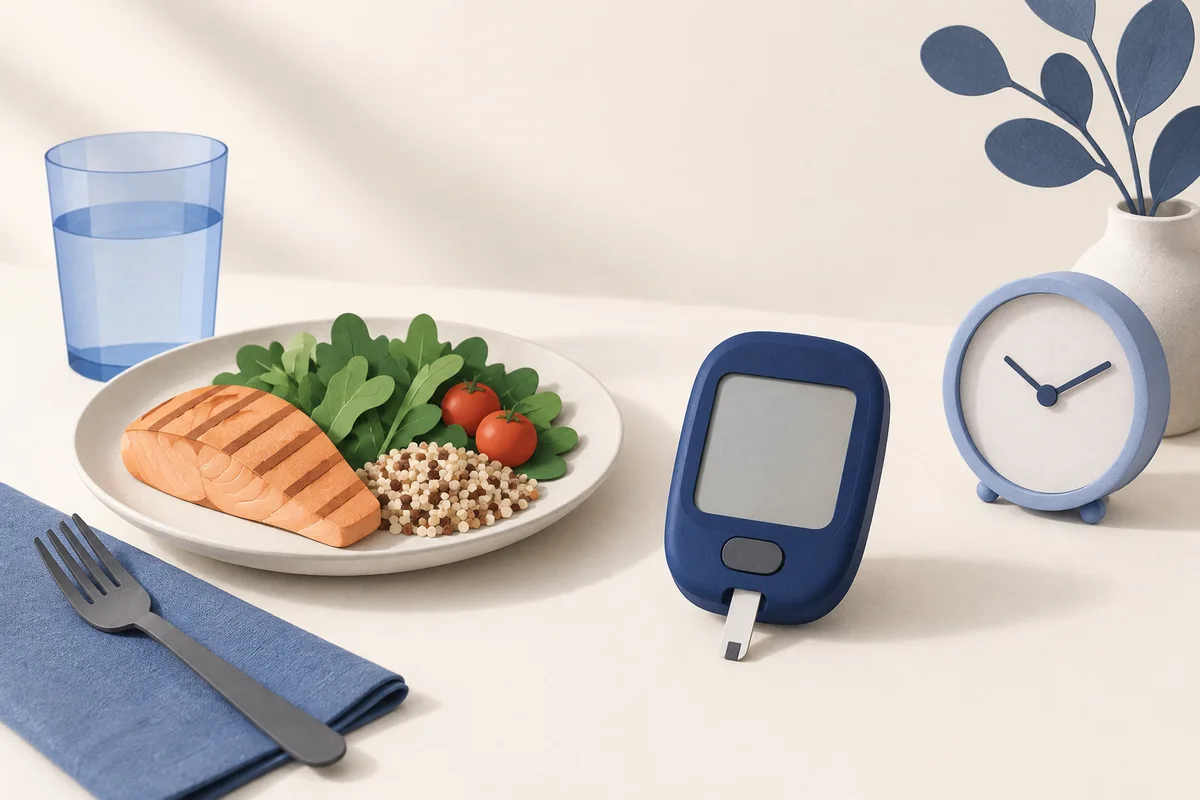 Blank glucose meter beside a meal plate and clock.