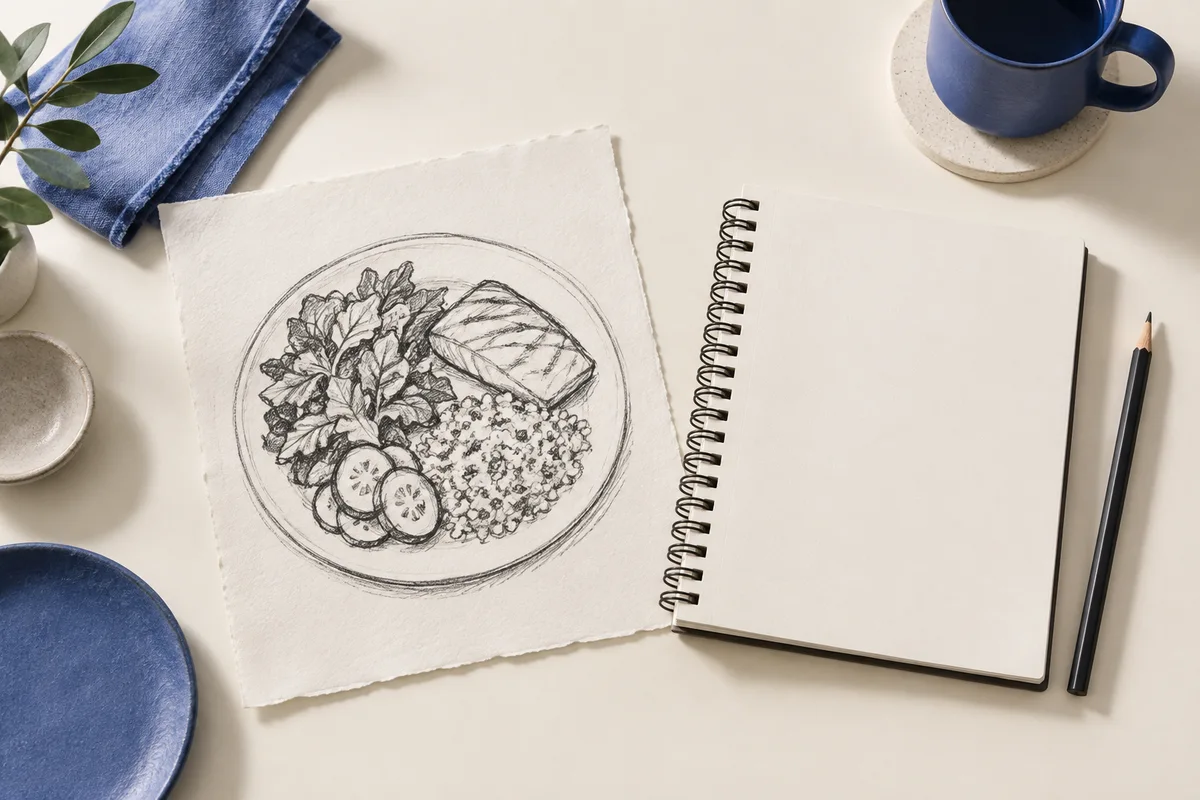 Rough pencil sketch of a meal plate beside a notebook.
