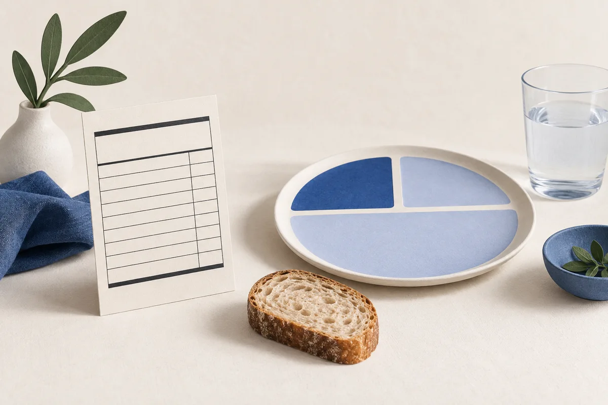 Blank nutrition card beside bread and a portion plate.