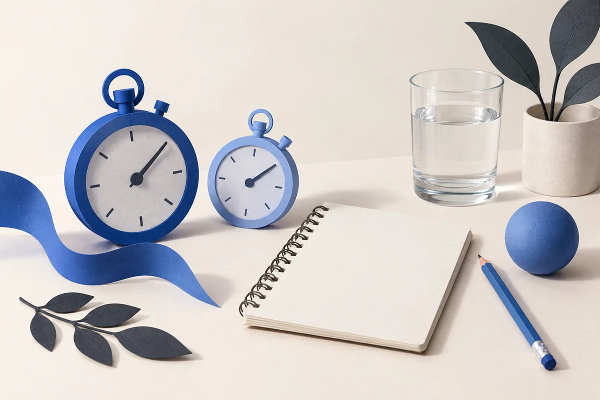 Two plain stopwatches beside a pencil and notebook.