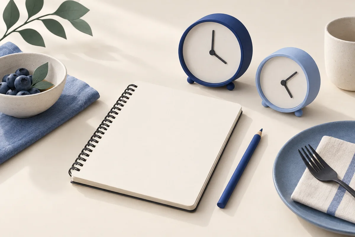 Two simple clocks beside a meal notebook.