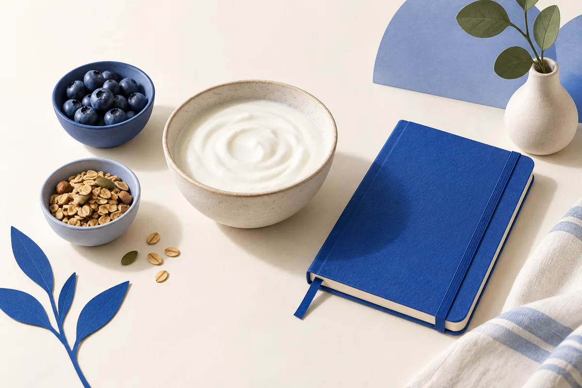 Yogurt and portion bowls beside a notebook.