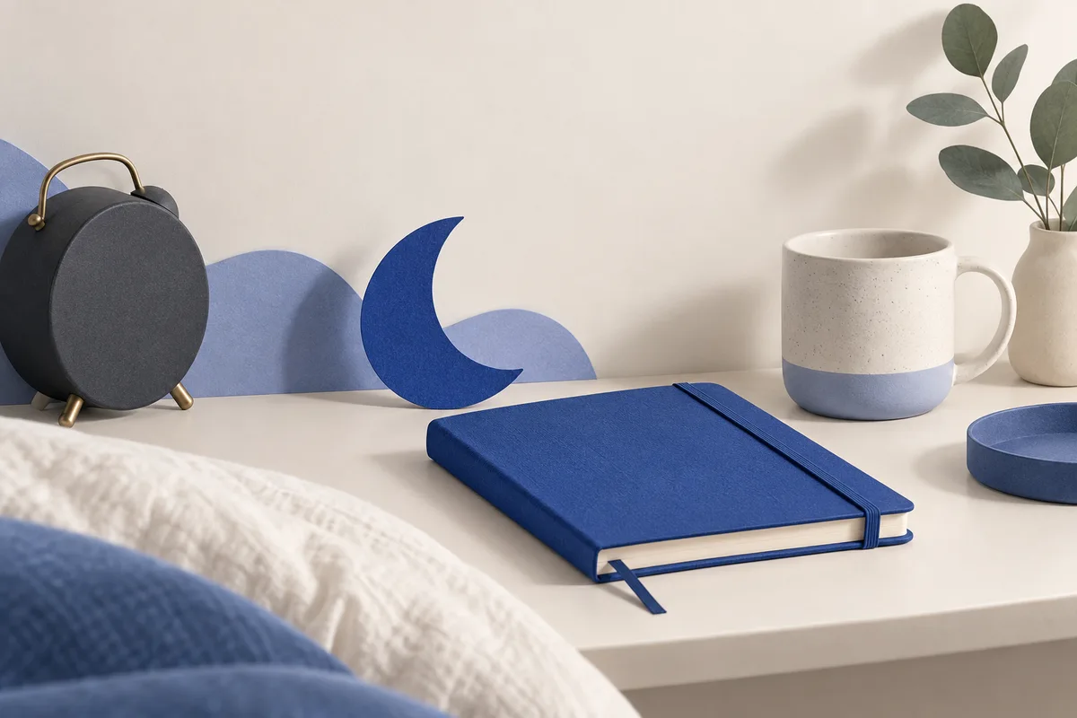 Bedside notebook, crescent moon, and turned-away clock.