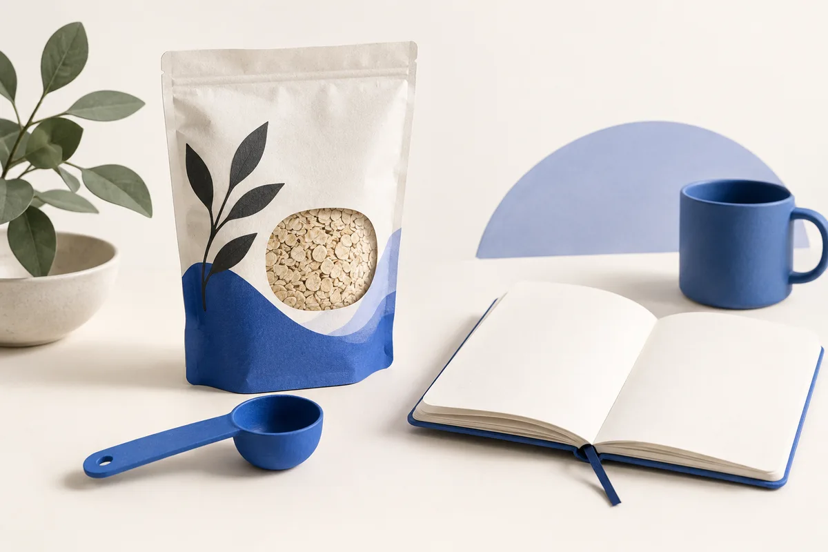 Plain food package, measuring spoon, and portion notebook.