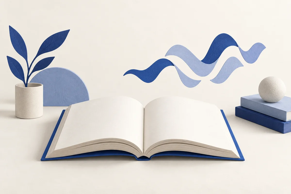 Open book with subtle paper sound-wave shapes.